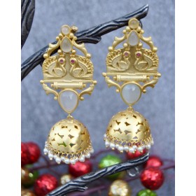 Gold Matte Moonstone Swan Jhumka Earrings